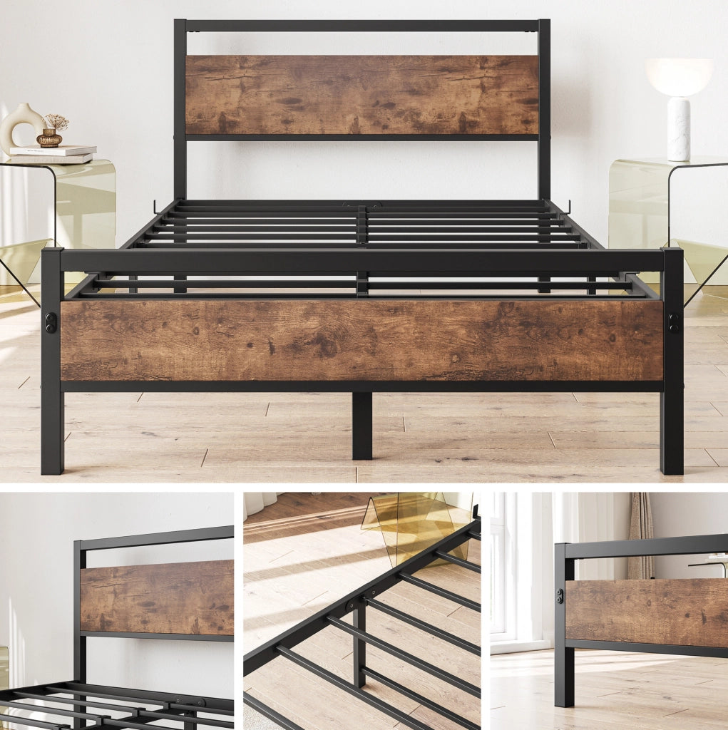 Letto singolo 140x200 cm in metallo e MDF marrone antico con rete a doghe e contenitore
