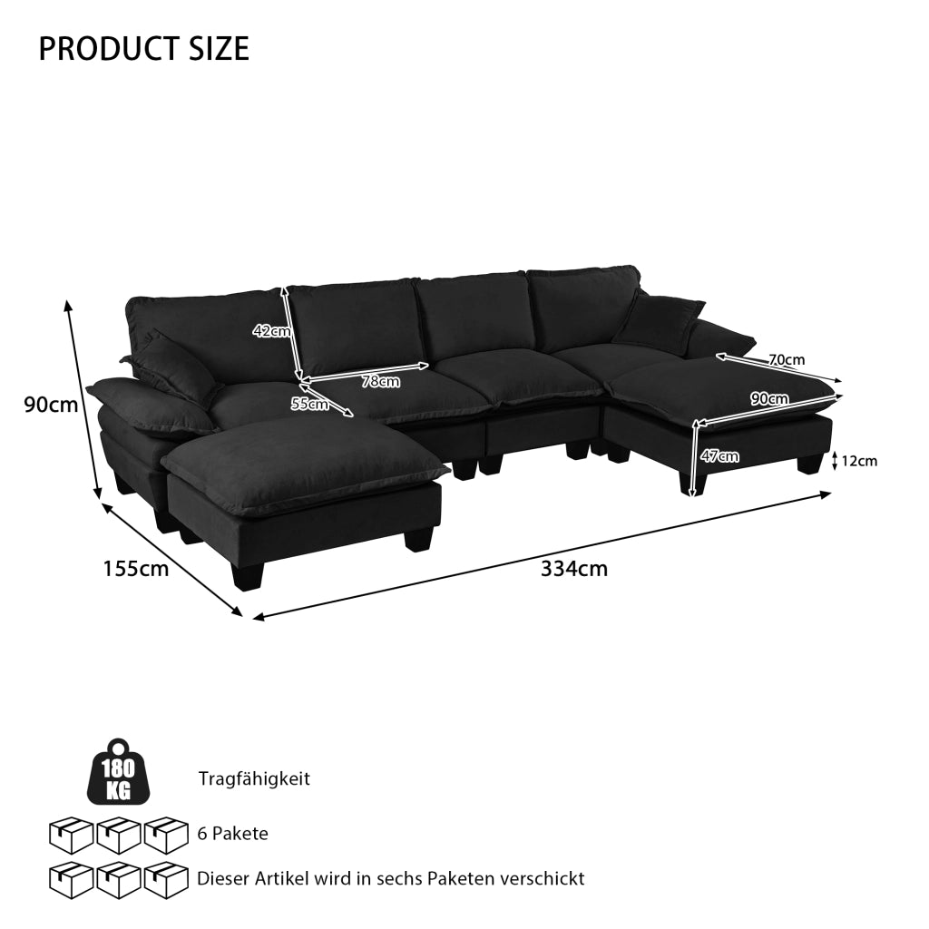 Divano modulare angolare a U con pouf mobile in chenille nero, schienale alto, braccioli larghi, 323 × 151 × 90 cm