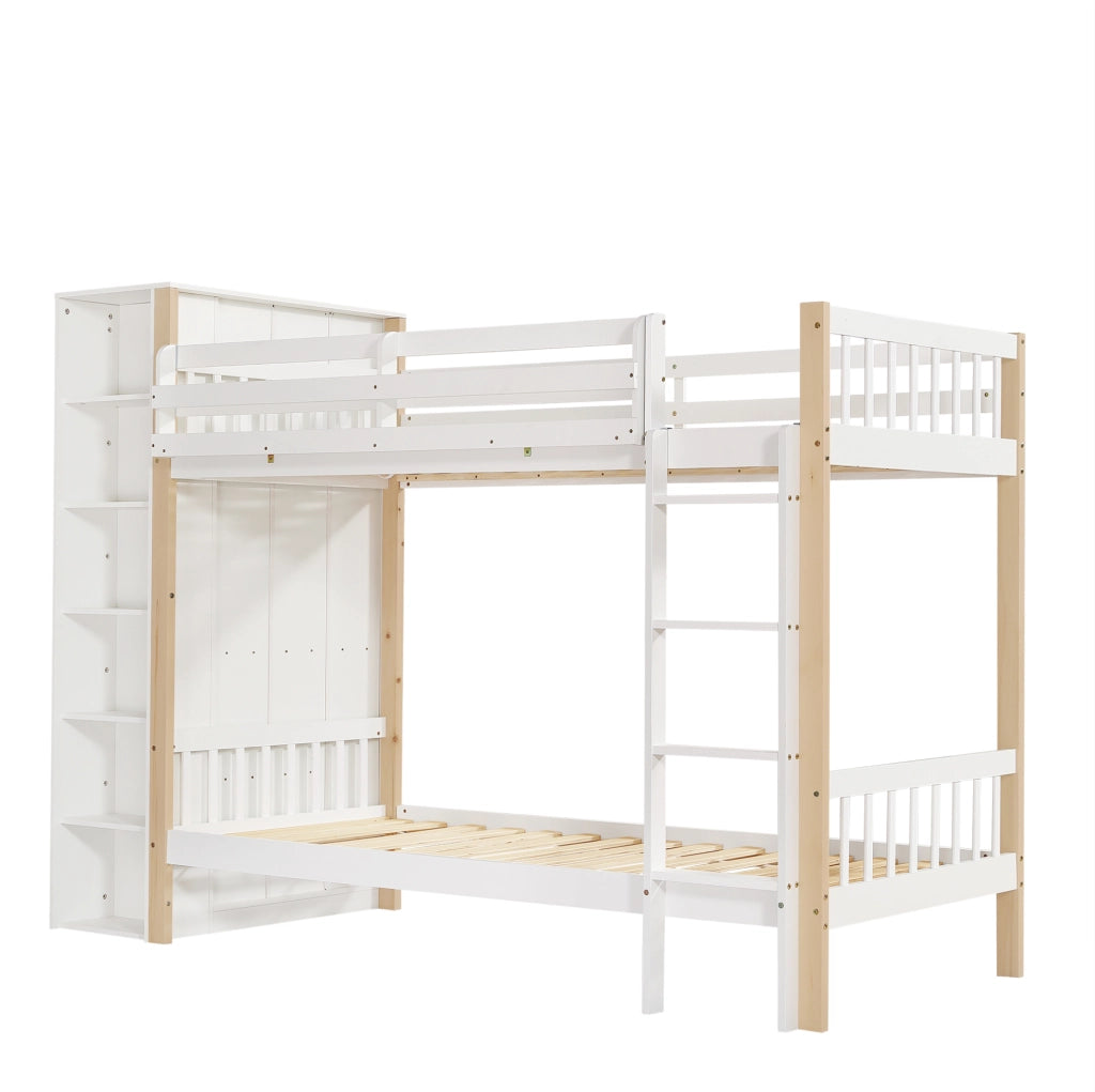 Letto a castello per bambini 90x200 cm con armadio laterale; scala a 4 gradini; bianco/naturale