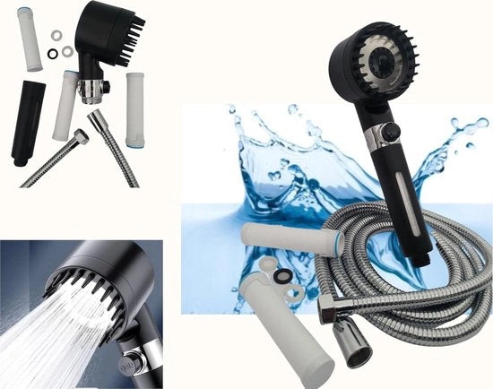 Douchekop a basso consumo - 4 modalità di getto d'acqua, filtro anticalcare - Manigliona con interruttore e tubo da doccia 2 m