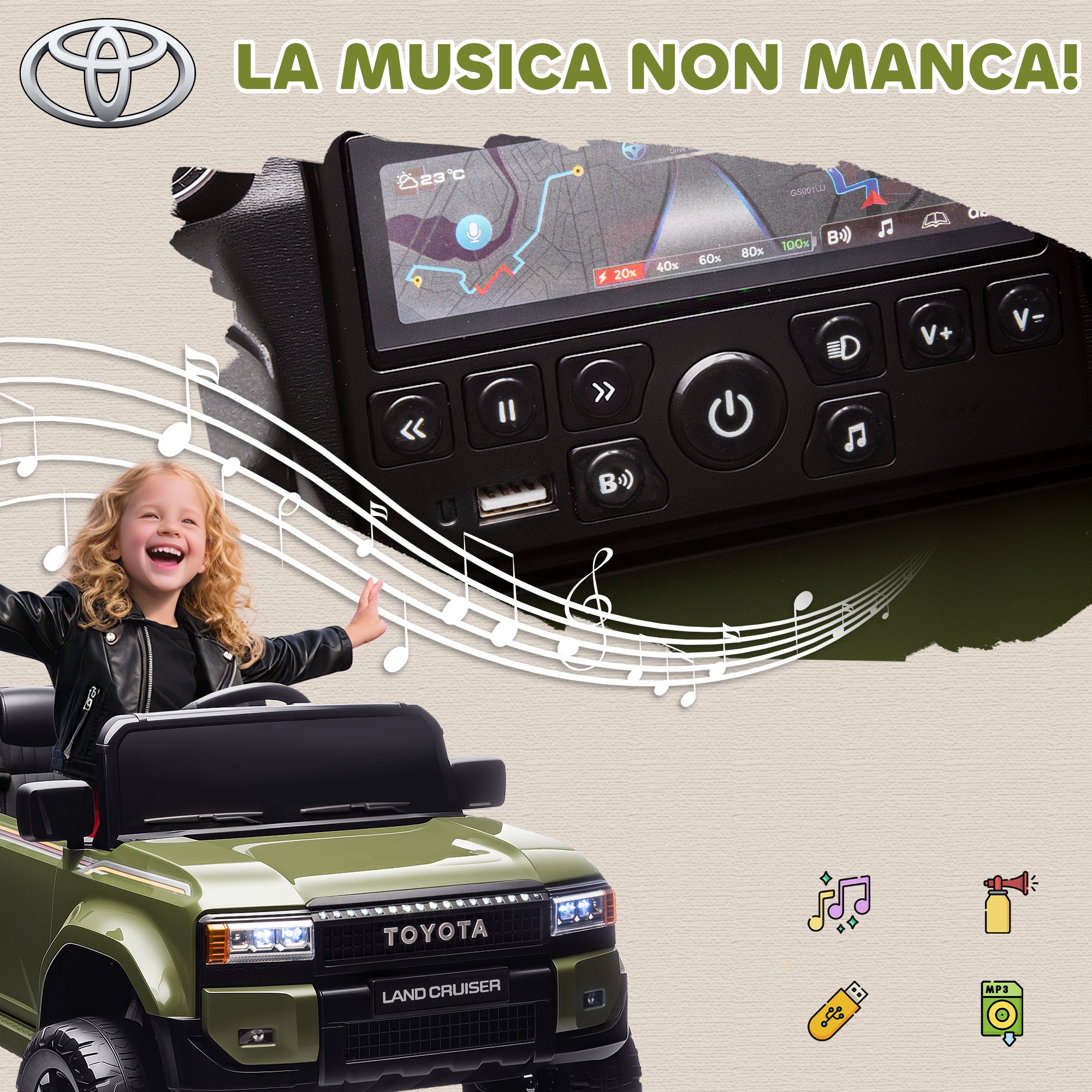 Macchina Elettrica per Bambini Toyota Land Cruiser 12V con Telecomando Età 3-6 Anni Verde