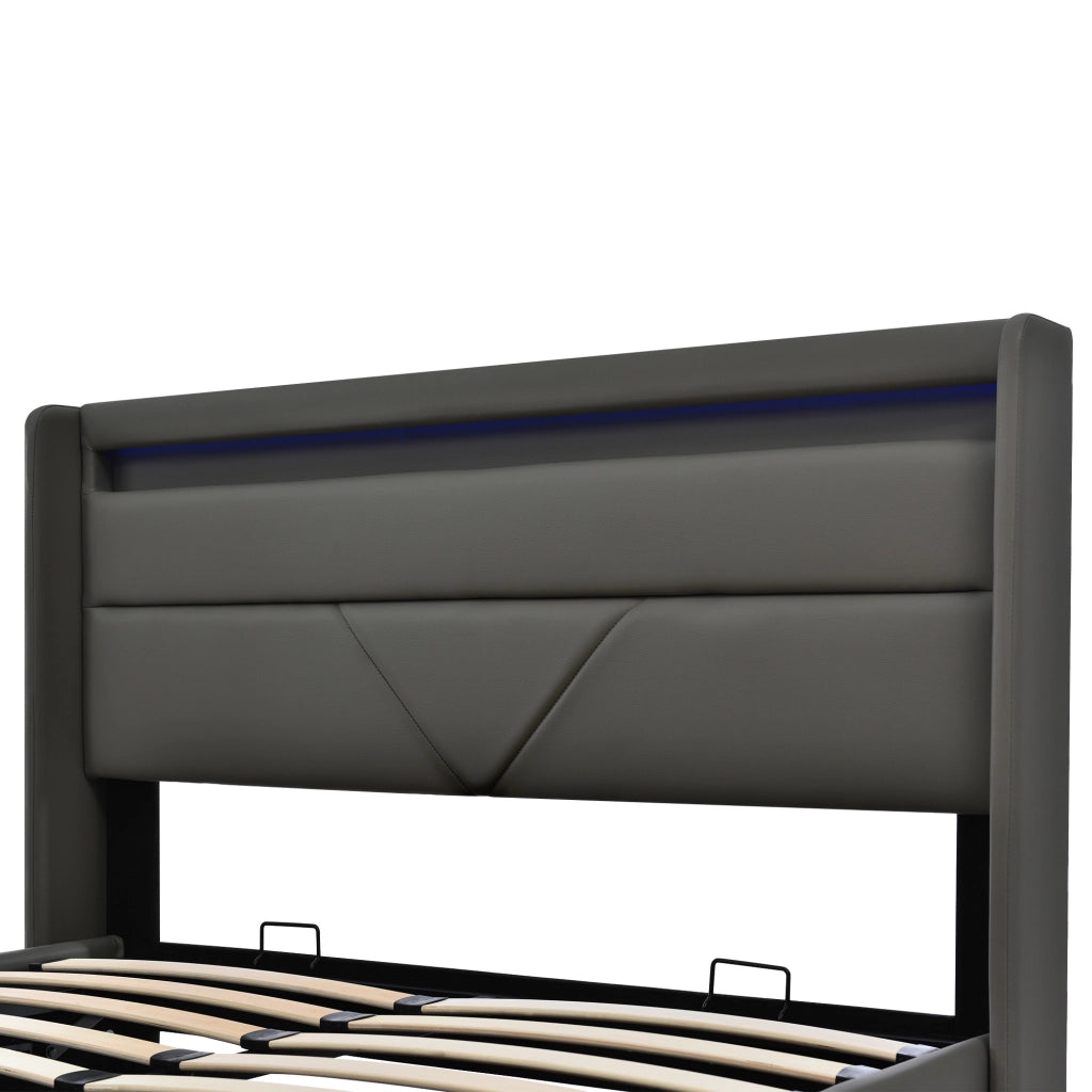Letti contenitori 140x200 cm; con LED e sollevamento idraulico; PU grigio (Senza materasso)