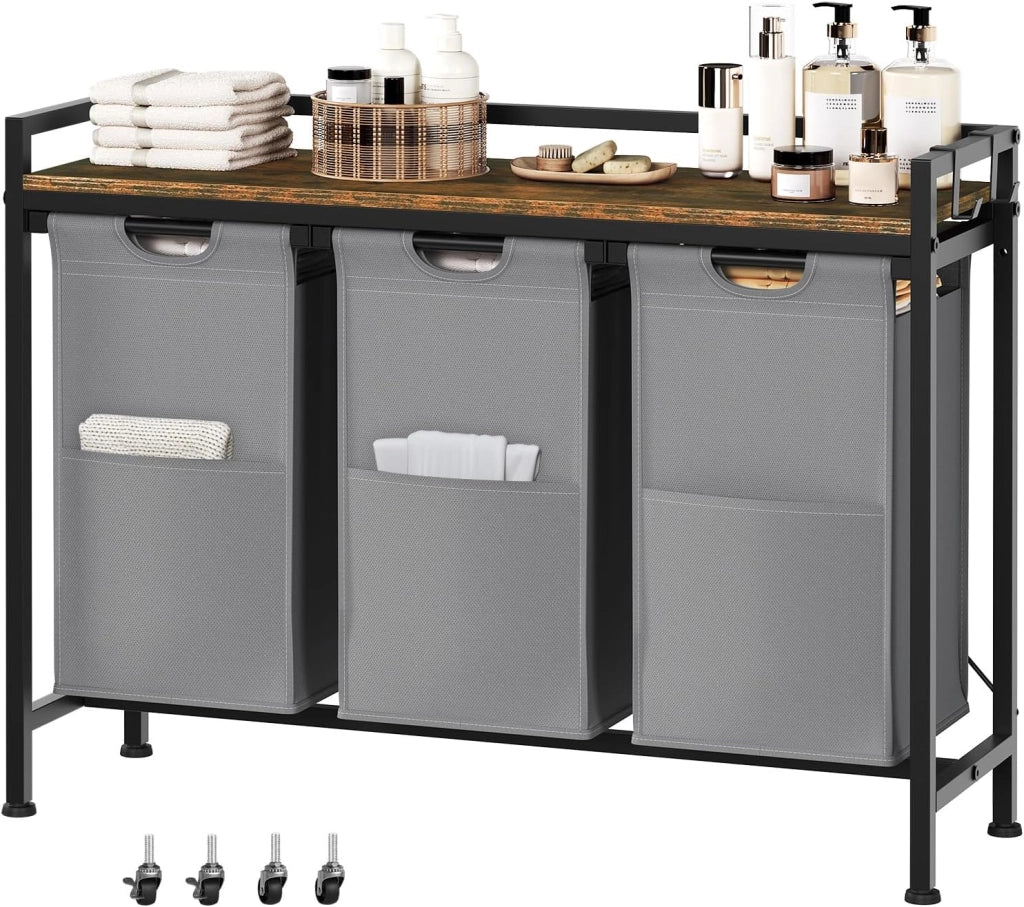 Cesto Portabiancheria, Porta Biancheria, Struttura in Metallo, 3 Sacchi in Tessuto Oxford Rimovibili, per Bagno e Lavanderia, 70x30x71cm/97x30x71cm, Capacità 40Lx3