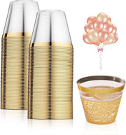 50 coppe in plastica, trasparenti con bordo dorato, per bicchieri da 255 ml, riutilizzabili per decorazione di casa, feste, matrimoni, compleanni, campeggio, picnic