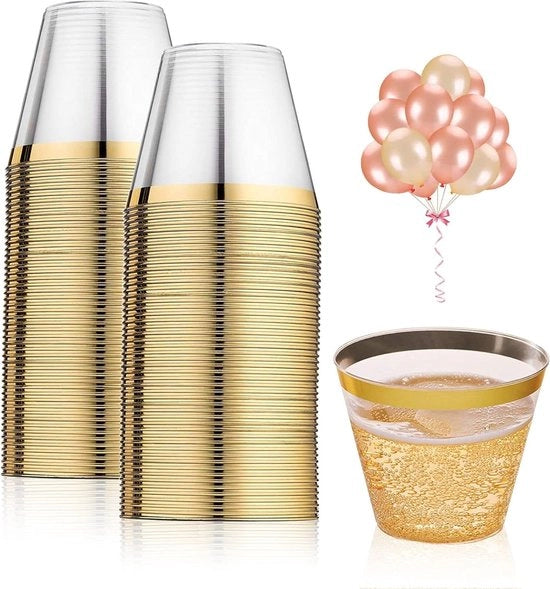 50 coppe in plastica, trasparenti con bordo dorato, per bicchieri da 255 ml, riutilizzabili per decorazione di casa, feste, matrimoni, compleanni, campeggio, picnic