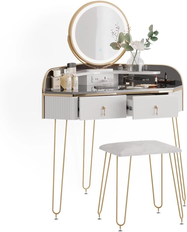 Tavolo da trucco ad angolo Amira, Bianco lucido, 99 cm con specchio LED, sgabello e USB, adatto per essere posizionato salvaspazio negli angoli della stanza