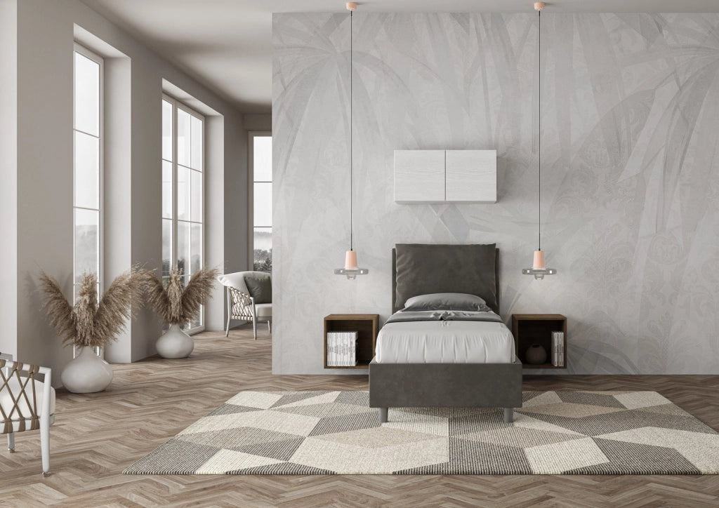 BS COM Letto singolo contenitore imbottito 90x200 microfibra grigio