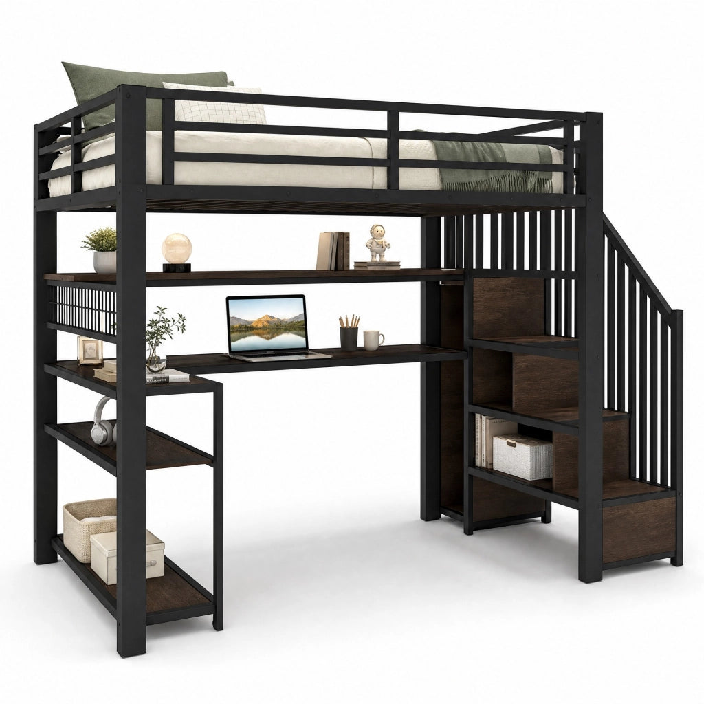 Letto a soppalco 90x200 cm con LED; scrivania e armadio in MDF e metallo nero