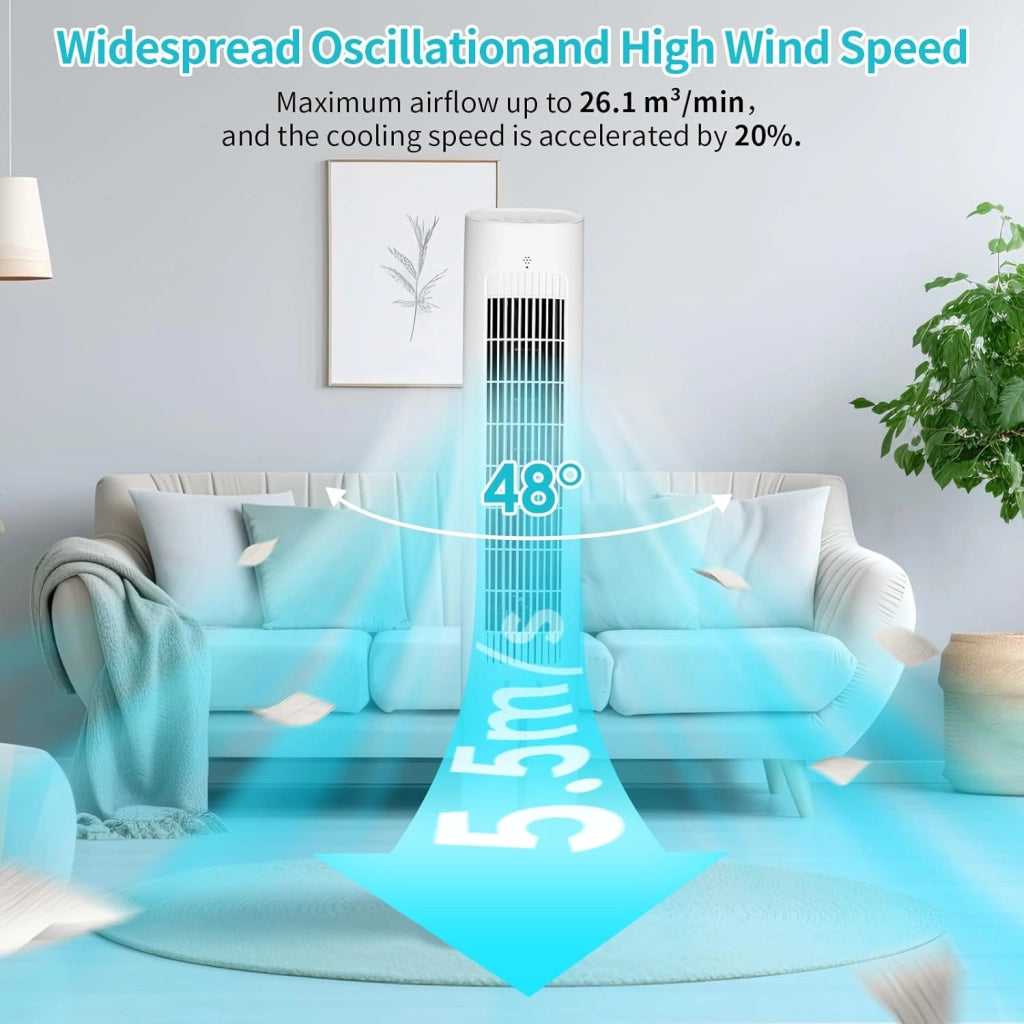 Ventilatore a torre funzione aroma con raffreddamento ad acqua con telecomando ventilatore a piantana 5,5 m/s 3 velocità 4 modalità 12 timer oscillazione 48° raffreddamento umidificazione