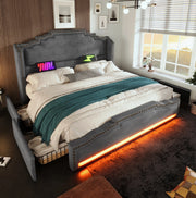 Letto matrimoniale 160x200 cm con 4 cassetti; LED; prese USB e Type-C; velluto grigio