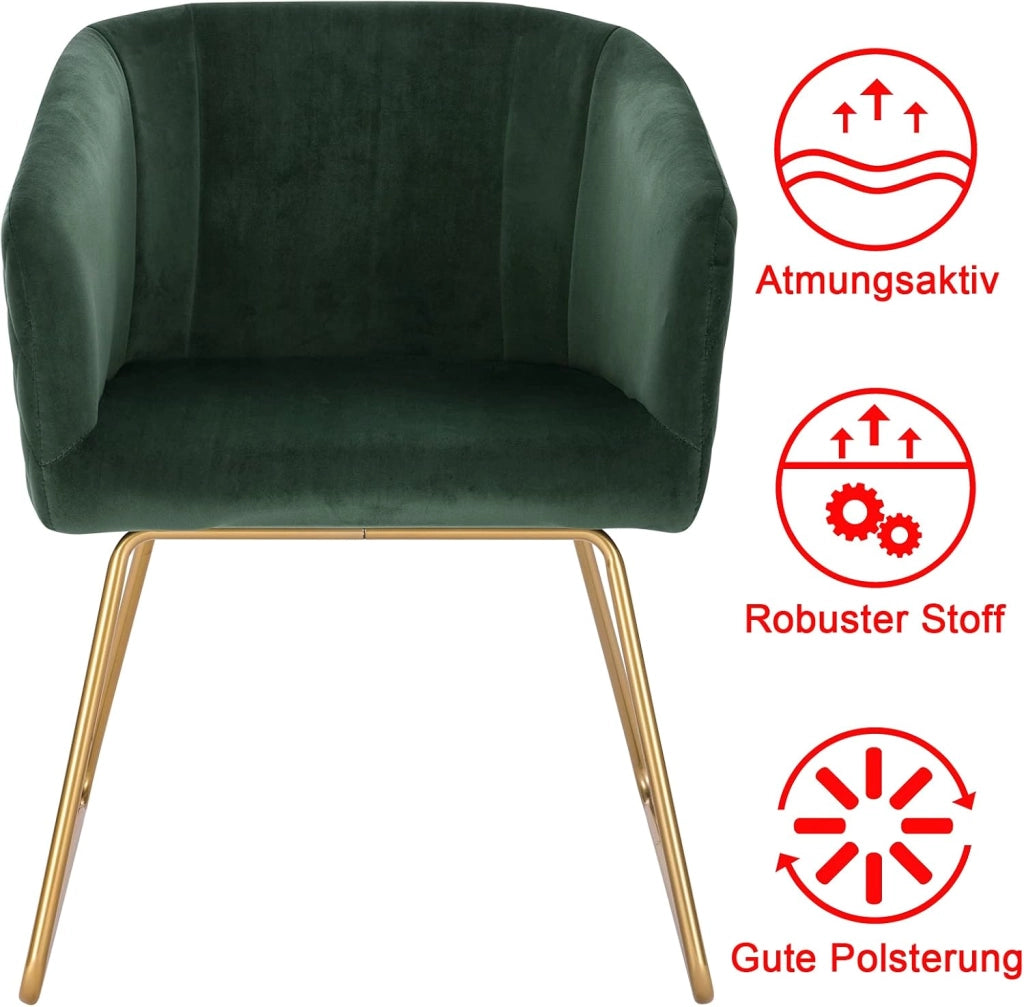 1x Sedie cucina moderne Poltroncina salotto Adatte per Sala da pranzo Soggiorno, Camera da Letto, Tessuto di velluto, Oro Metallo, Verde Scuro BH271dgn-1