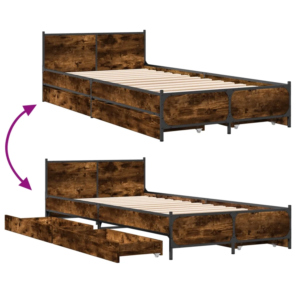 Letto singolo | Letto per adulti | Giroletto con Cassetti Rovere Fumo 75x190 cm Legno Multistrato
