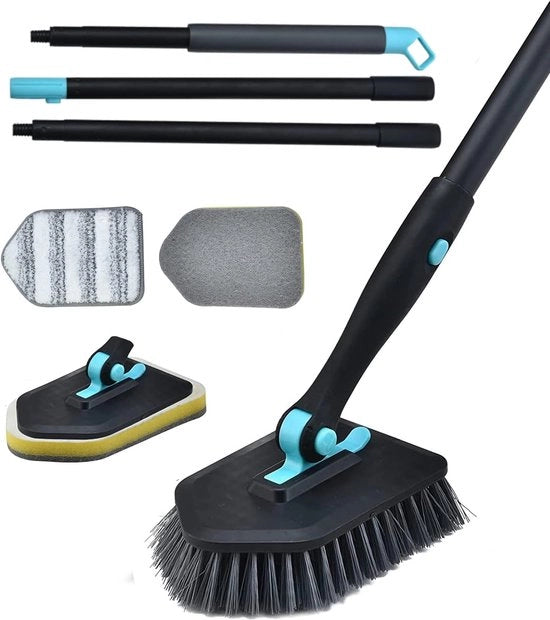 Borsetto da bagno 3 in 1 con manico da 130 cm, detersivo per docce e teglie con testa dura, applicazioni a microvezzi per bagno, parete e vetro (nero)
