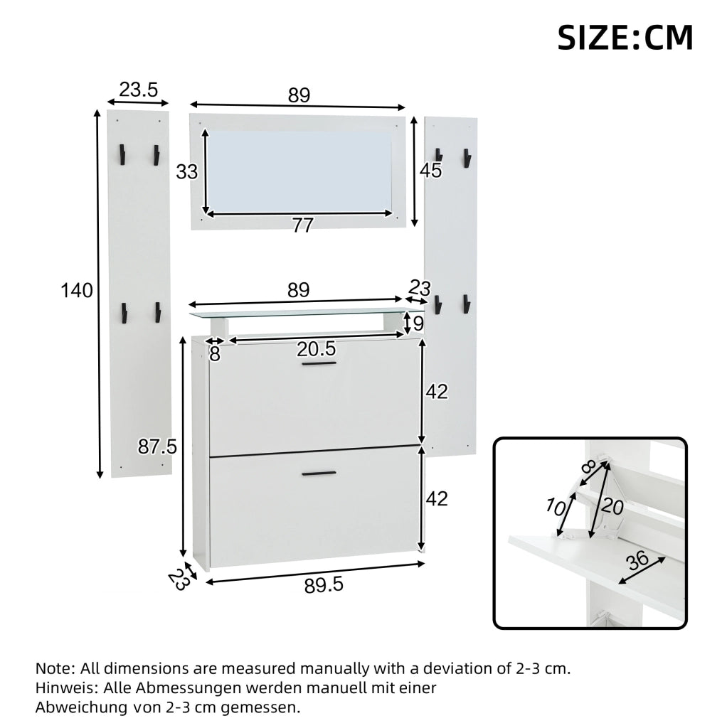 Set guardaroba da ingresso in bianco con specchio e scarpiera