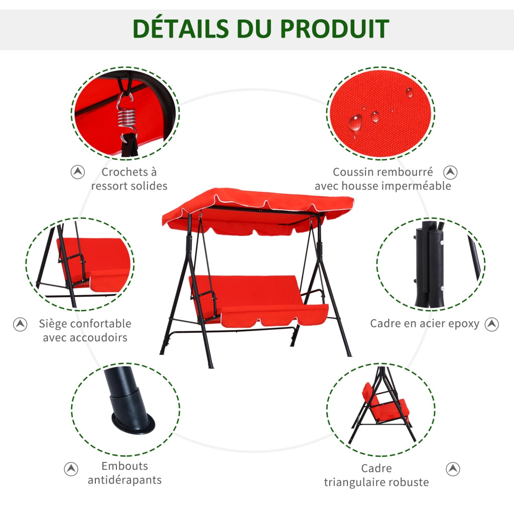 Balancelle 3 Posti con Cuscini ¨C zephmum ¨C Acero Nero, Poliestere Rosso, 172x110x152 cm