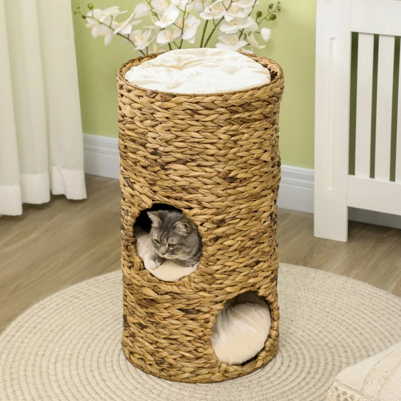 Tiragraffi per gatti a 3 livelli con 3 cucce, design naturale in giacinto d’acqua, Ø40 x 73 cm