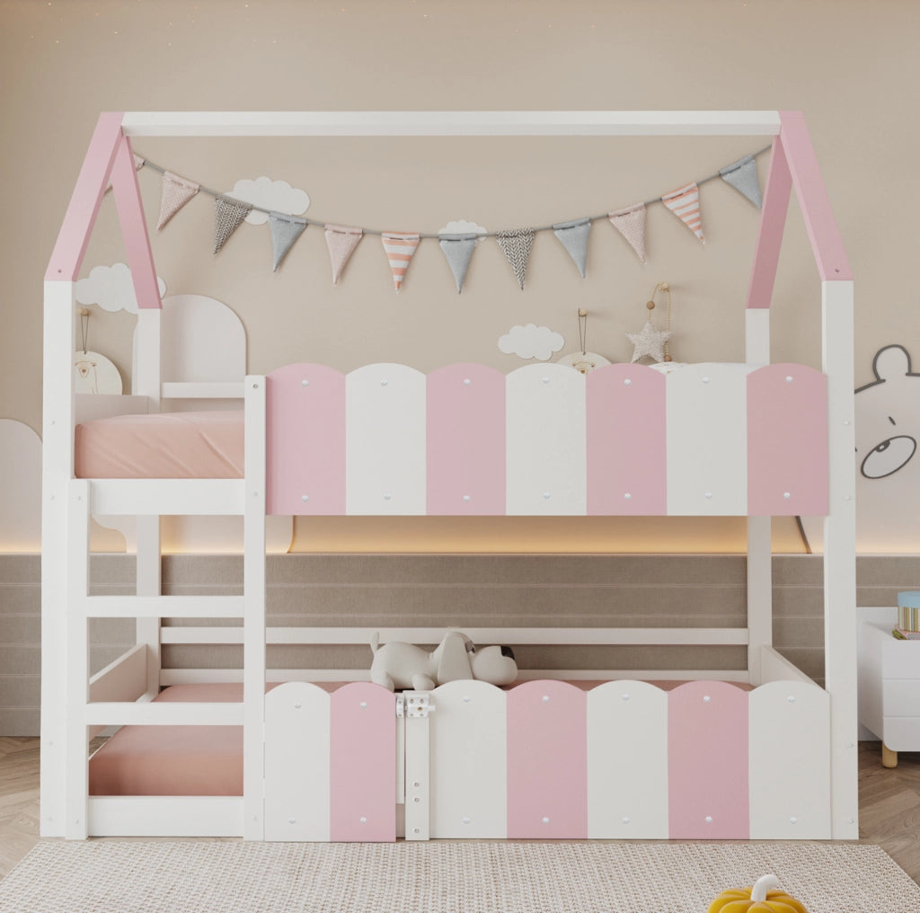 Letto a castello ULEVR 90x200 cm a forma di casa con scala e sponde di sicurezza, rosa e bianco