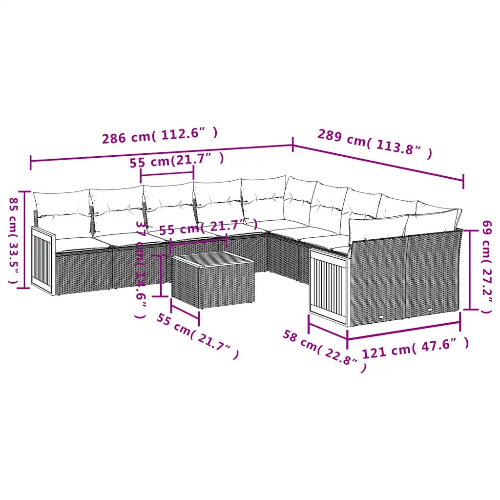 Set Divani da Giardino 11 pz con Cuscini Grigio in Polyrattan 3228042