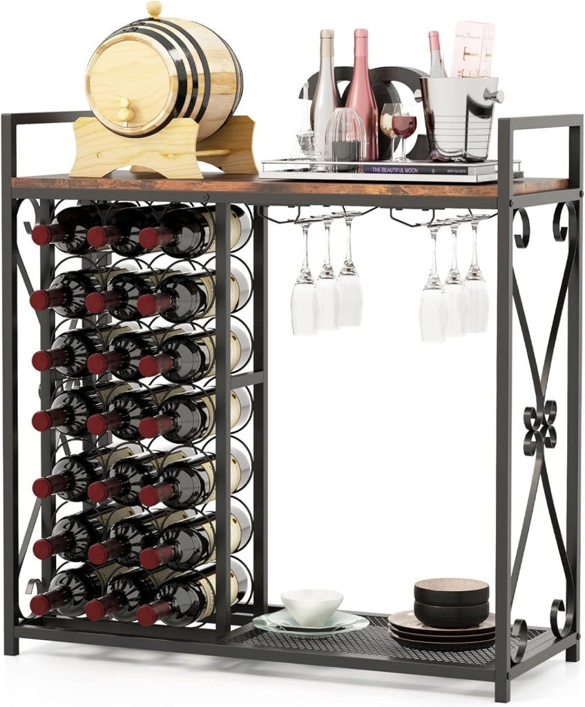 Armadietto porta vino con ripiano per 21 bottiglie e portabicchieri, grande vassoio e ripiano inferiore, 93 x 38 x 102 cm, mobile ausiliario per bar, cantina, sala da pranzo
