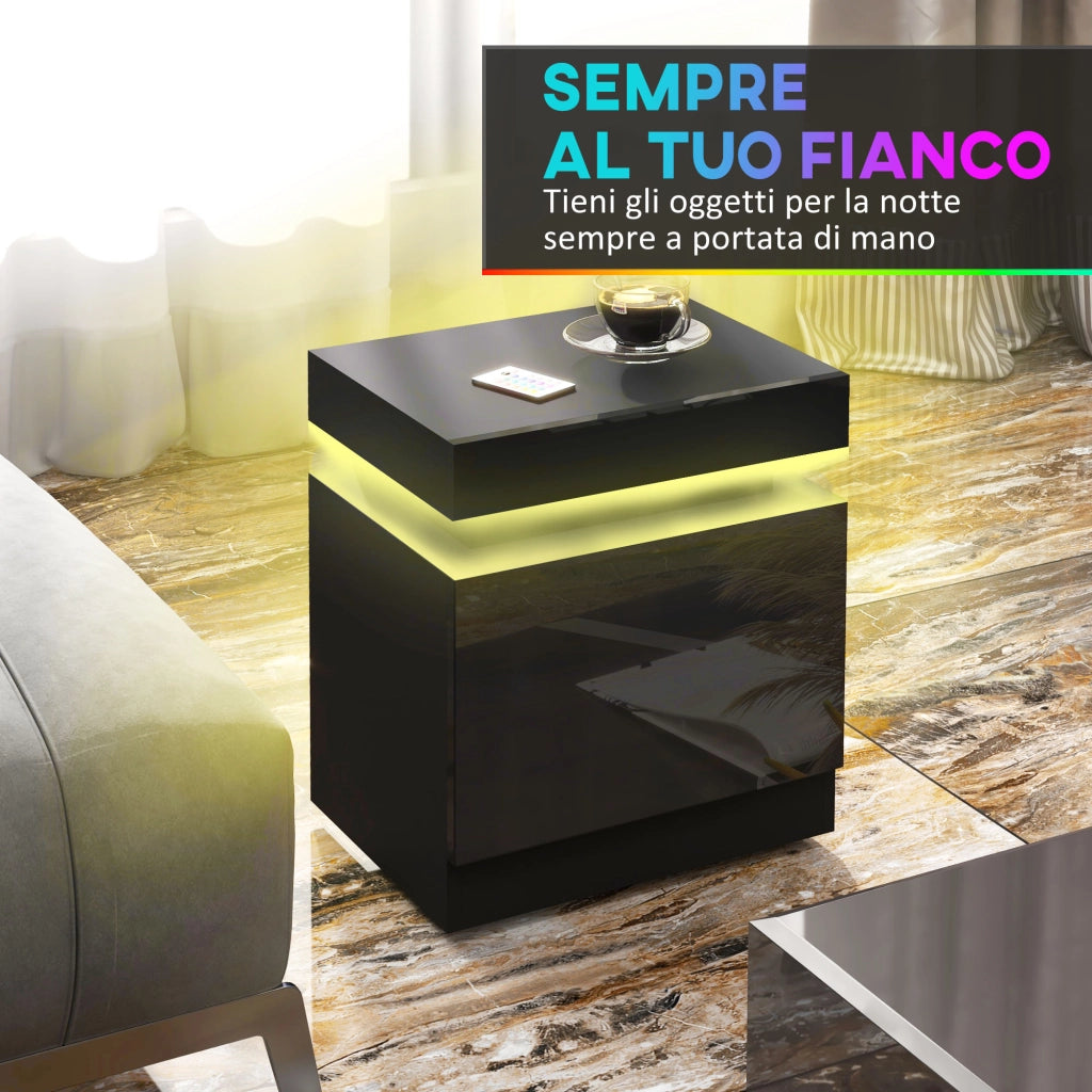 Comodino 45x35x52 cm Illuminazione LED a 16 Colori e 4 Modalità con 2 Cassetti in Legno Nero