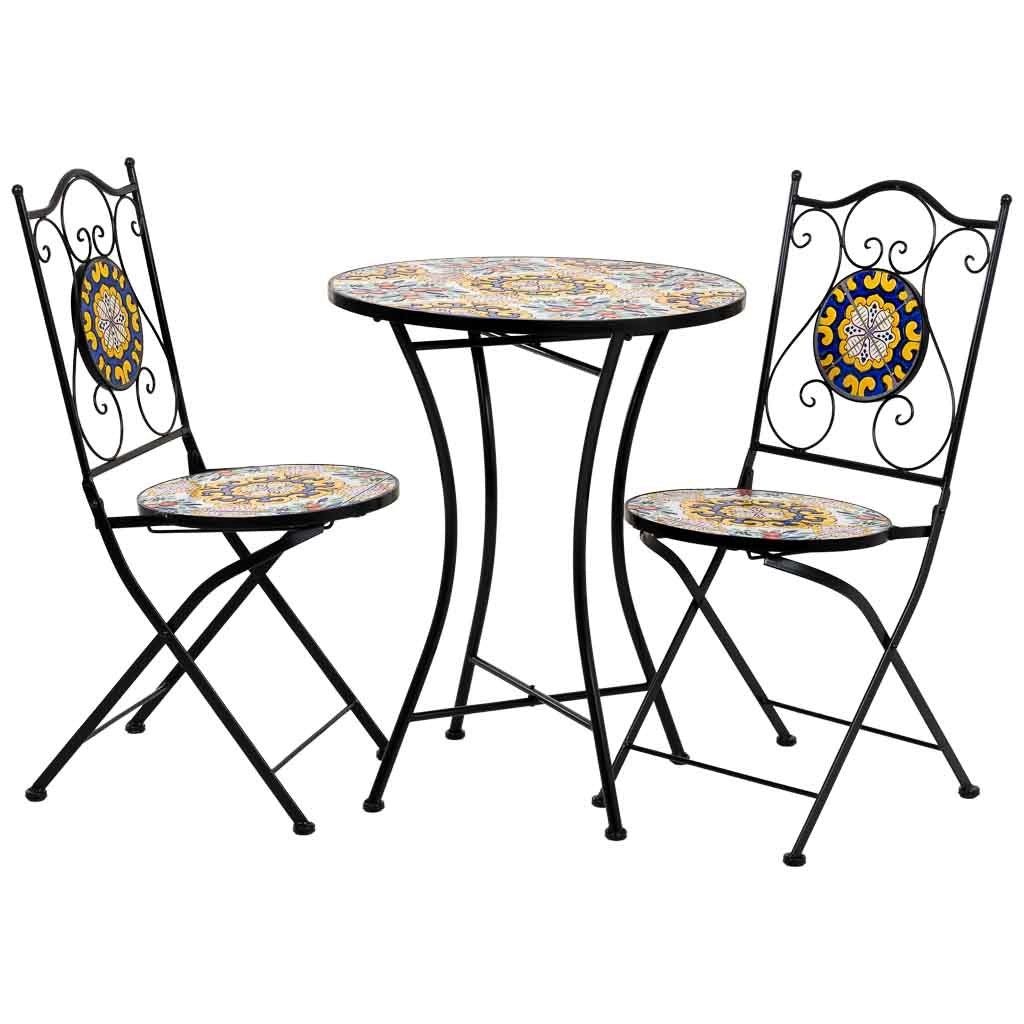 Set tavolo e due sedie in mosaico nero e ferro battuto tavolo: D60x75h - sedia (2): D38x46-90h