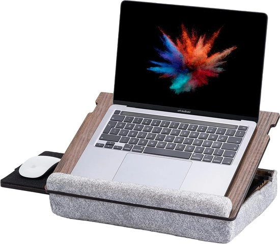 Laptoplade in legno - Disegno ergonomico con fondo imbottito e cassetto per mouse - regolabile in altezza per lavorare comodamente in ogni posto (noce)