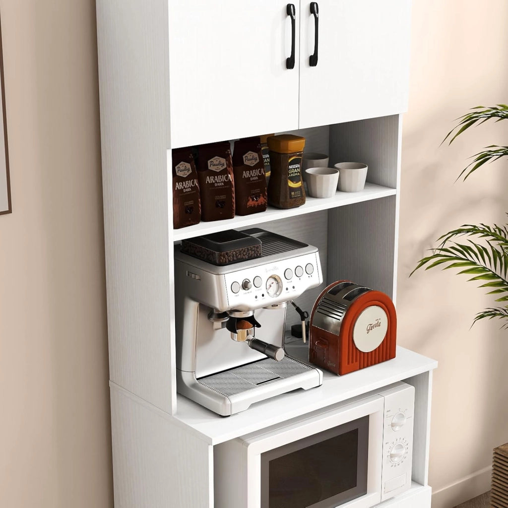 Armadietto portaoggetti con prese elettriche, credenza da cucina stretta, indipendente, a 4 porte, forno a microonde e 2 ripiani regolabili, mobile di immagazzinaggio per soggiorno e sala da