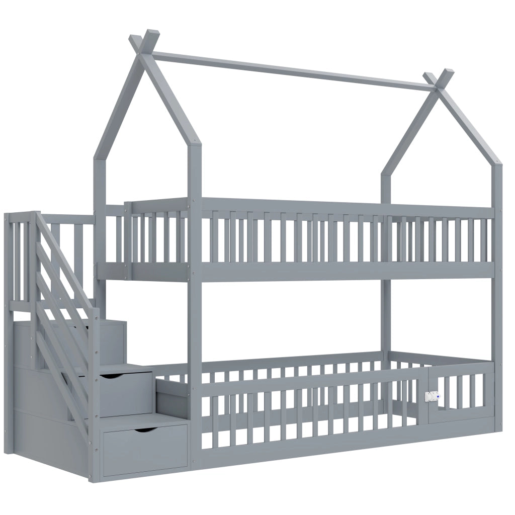 Letto a Castello 90x200 cm; Letto Singolo - Tetto; Scala con Cassetti - in Legno - Grigio