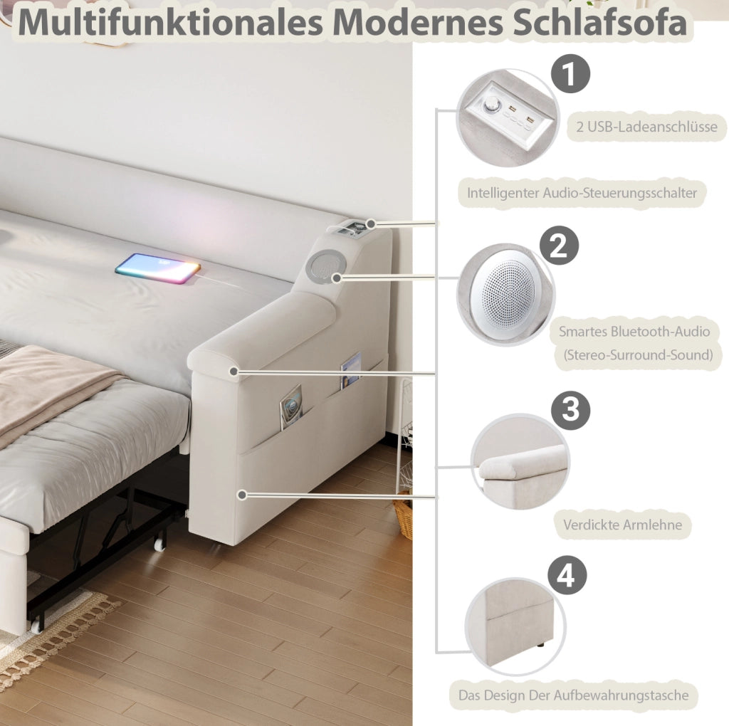 Divano letto imbottito ULEVR 90/180x190 cm con estrazione idraulica, stereo Bluetooth, USB e vani beige
