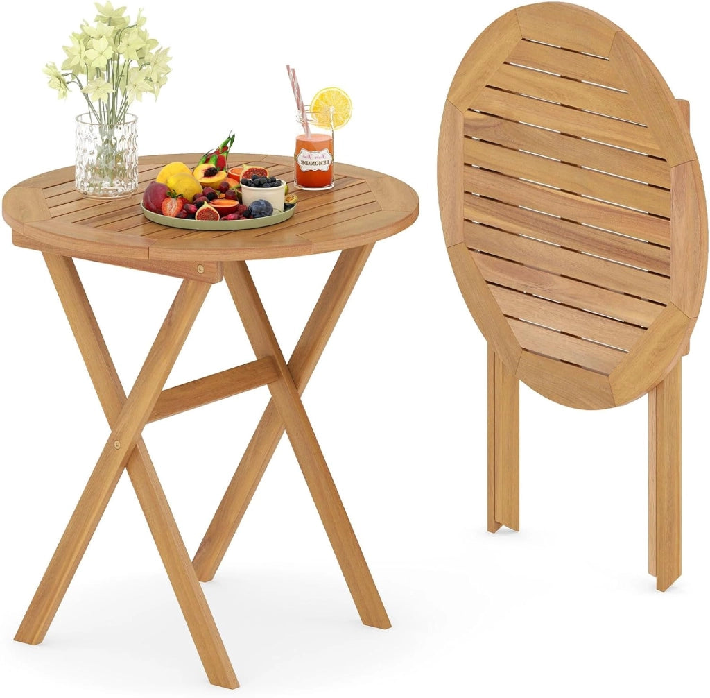 Tavolo rotondo pieghevole in legno di Acacia, tavolo da giardino rotondo, vassoio per doghe struttura a X, barre trasversali rinforzate, chiusura e 2 ganci, per balcone, terrazza, campeggio