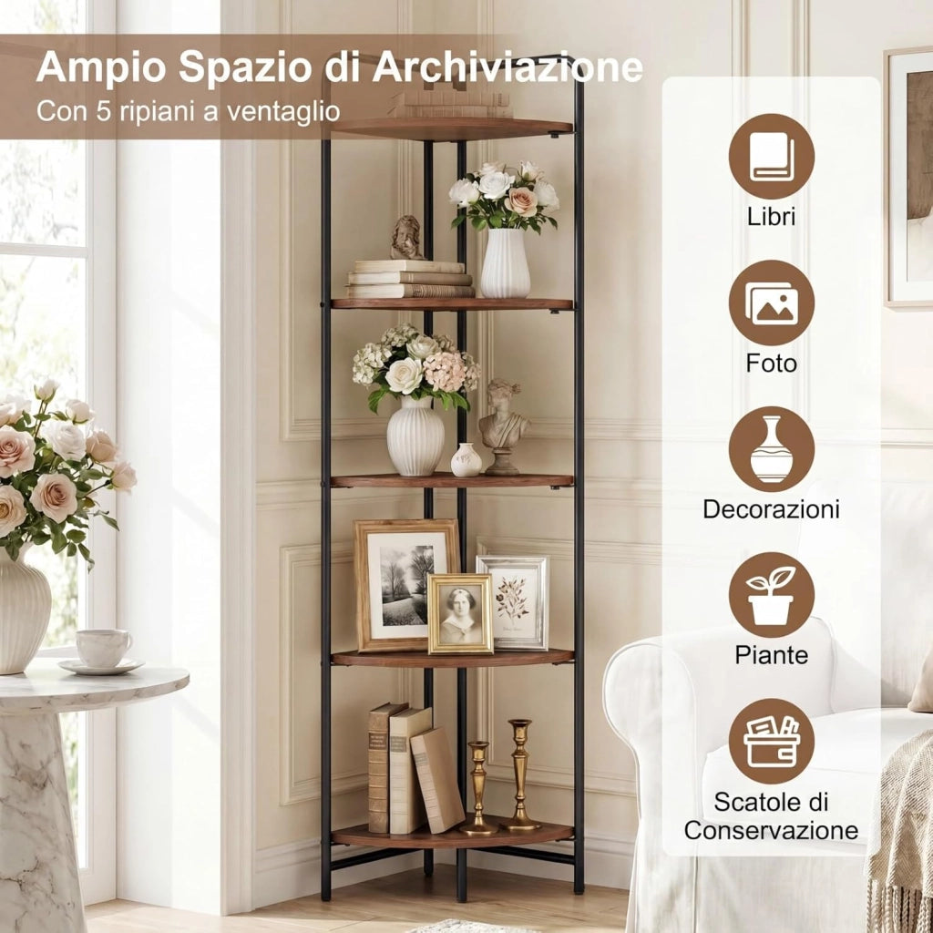 Libreria Angolare Pieghevole, Scaffale Stretto in Legno a 5 Ripiani, Organizer per Libri con Struttura Metallica, Design Industriale e Salvaspazio, per Casa Ufficio Studio, 34x34x151 cm