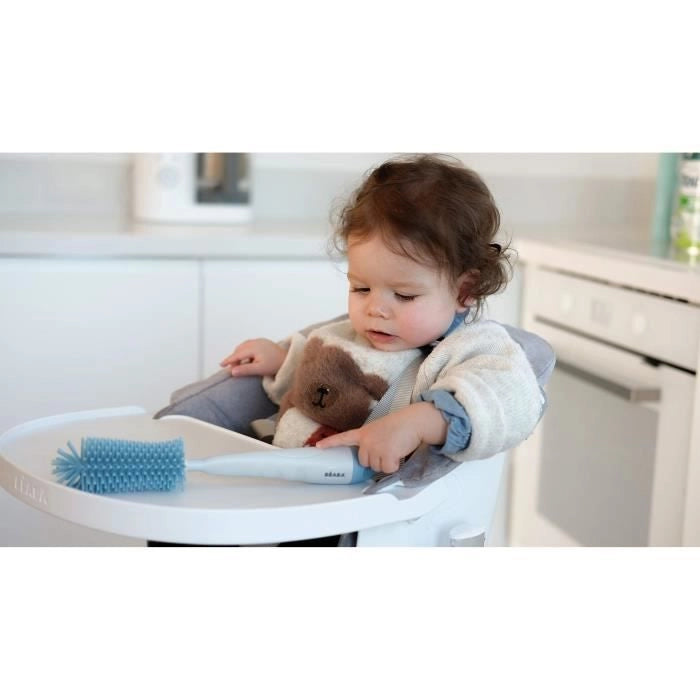 BEABA Birth set (Gocciolatoio grigio albero / Contenitore di dosaggio nebbia chiara / scura / Spazzola per bottiglie in silicone / Bavaglino in tessuto tropicale)