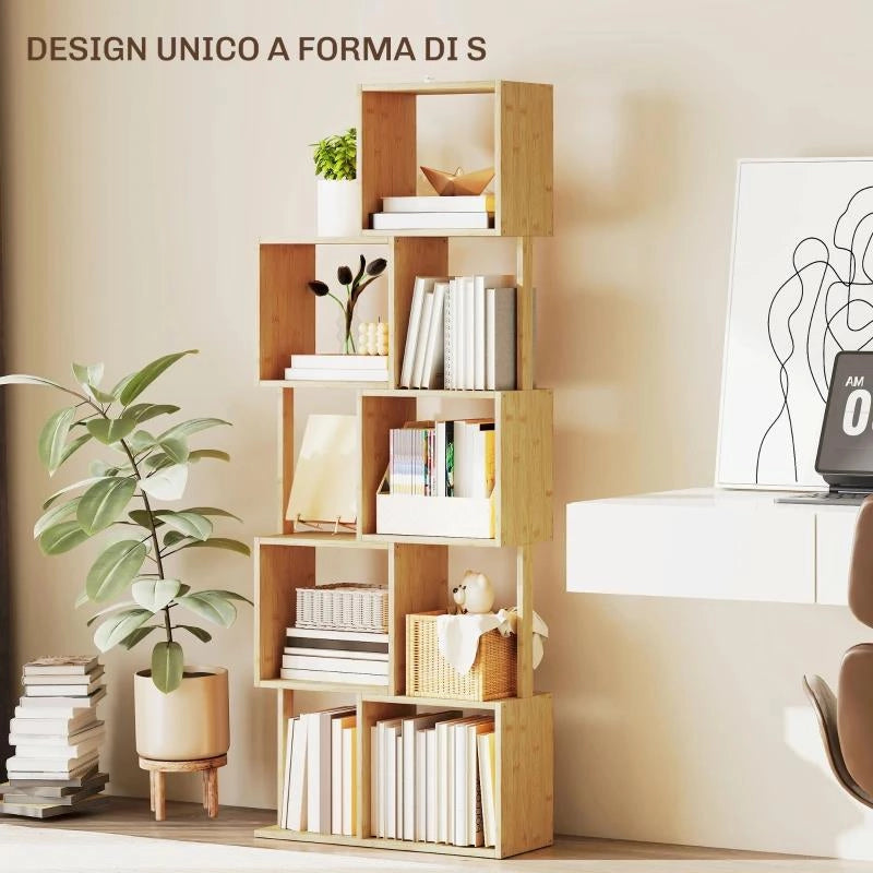 LIBRERIA MODERNA ASIMMETRICA A 5 LIVELLI IN BAMB¨, 62.5 X 23 X 165 CM, COLORE LEGNO NATURALE
