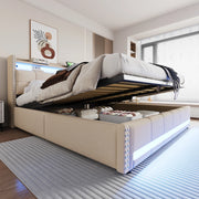 Letto matrimoniale imbottito con testiera contenitore; LED; porta USB; contenitore idraulico e doghe; lino beige; 180x200 cm
