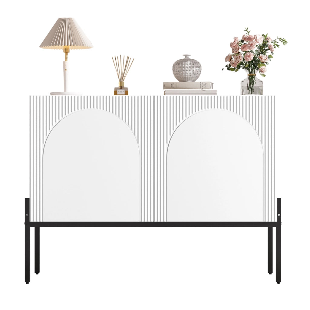 Credenza moderna con 2 ante, struttura in metallo e design ad arco, bianca, 100 x 40 x 75 cm