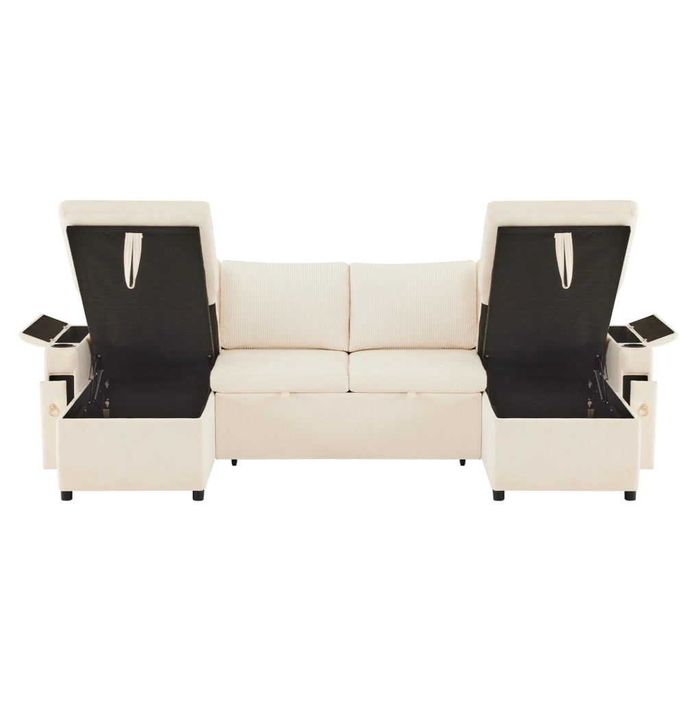 Divano letto modulare a U 4 posti con portabicchieri, contenitore e cuscini, beige, 272x131x84 cm