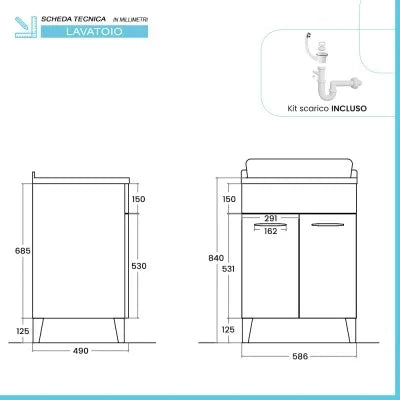 Mobile lavatoio 60x50 cm grigio calce vasca in resina e kit di scarico Moon