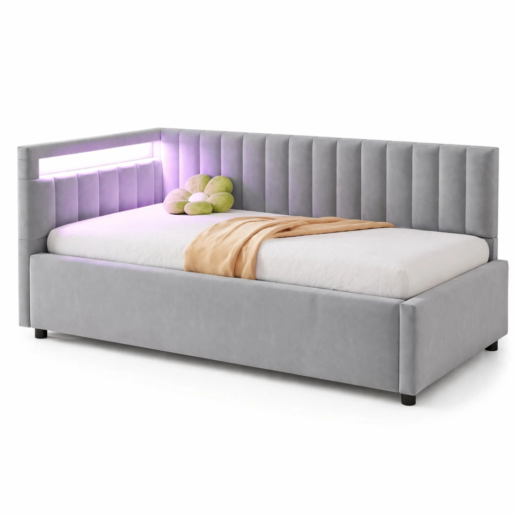 Letto imbottito 90x200 cm con LED, contenitore idraulico, tessuto effetto velluto, grigio chiaro