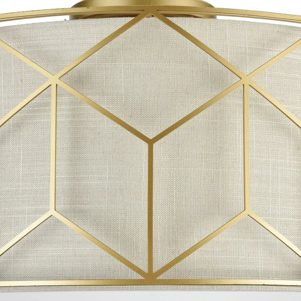 Plafoniera Contemporanea Messina Metallo Oro 3 Luci Diffusore Lino Su Pvc