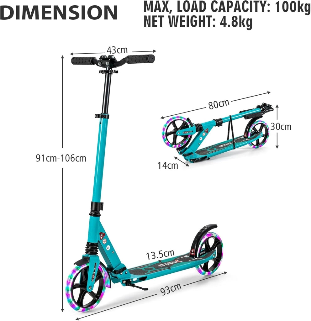 Monopattino da bambino con 2 ruote, LED e freno, skateboard pieghevole, 3 altezze regolabili, scooter in alluminio con cavalletto e cintura, carico 100 kg, bambini 8 anni