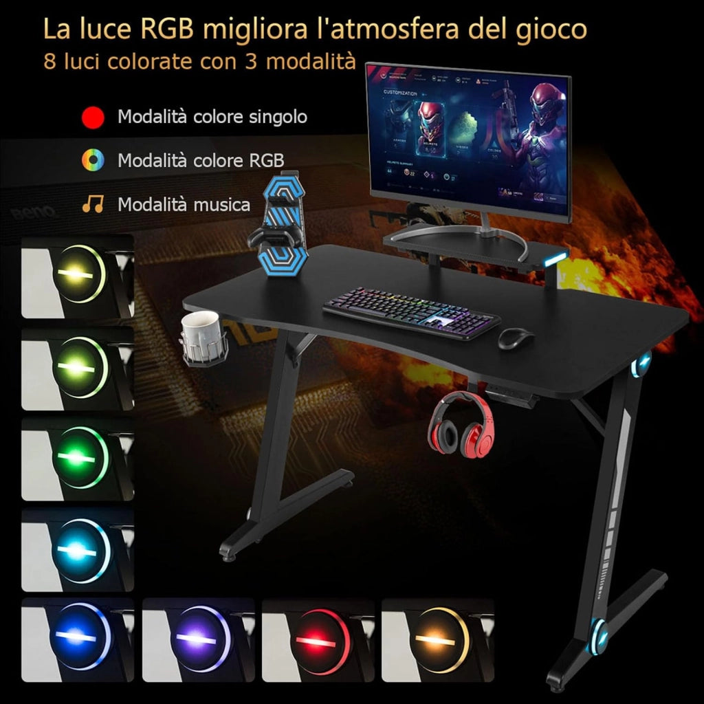 Scrivania da Gaming con Alzata e Luci RGB, Postazione da Gaming per Computer, con Porta Bicchiere e Gancio per Cuffie