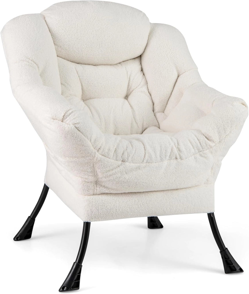 Poltrona da lettura moderna con struttura in metallo, 80 x 74 x 97 cm, sedia da divano imbottita in finta pelliccia, poltrona singola con braccioli e tasca laterale, per soggiorno, ufficio