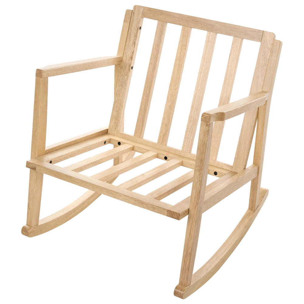 Poltrona a dondolo con rivestimento in poliestere struttura in legno di gomma stile scandinavo tessuto beige chiaro