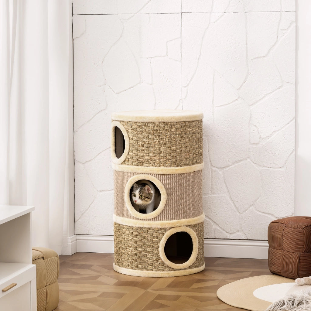 Tonnetto per Gatti a 3 Piani ¨C zephmum ¨C Khaki e Marrone 45x79 cm