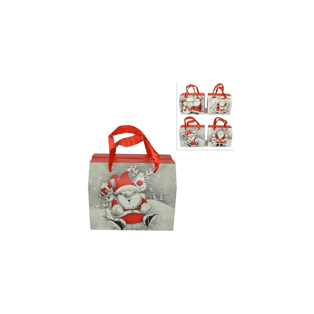 Trade Shop - 6 Scatole Da Regalo Stampa Babbo Natale Moderno Manici Tessuto Rossi 16x13x19cm -