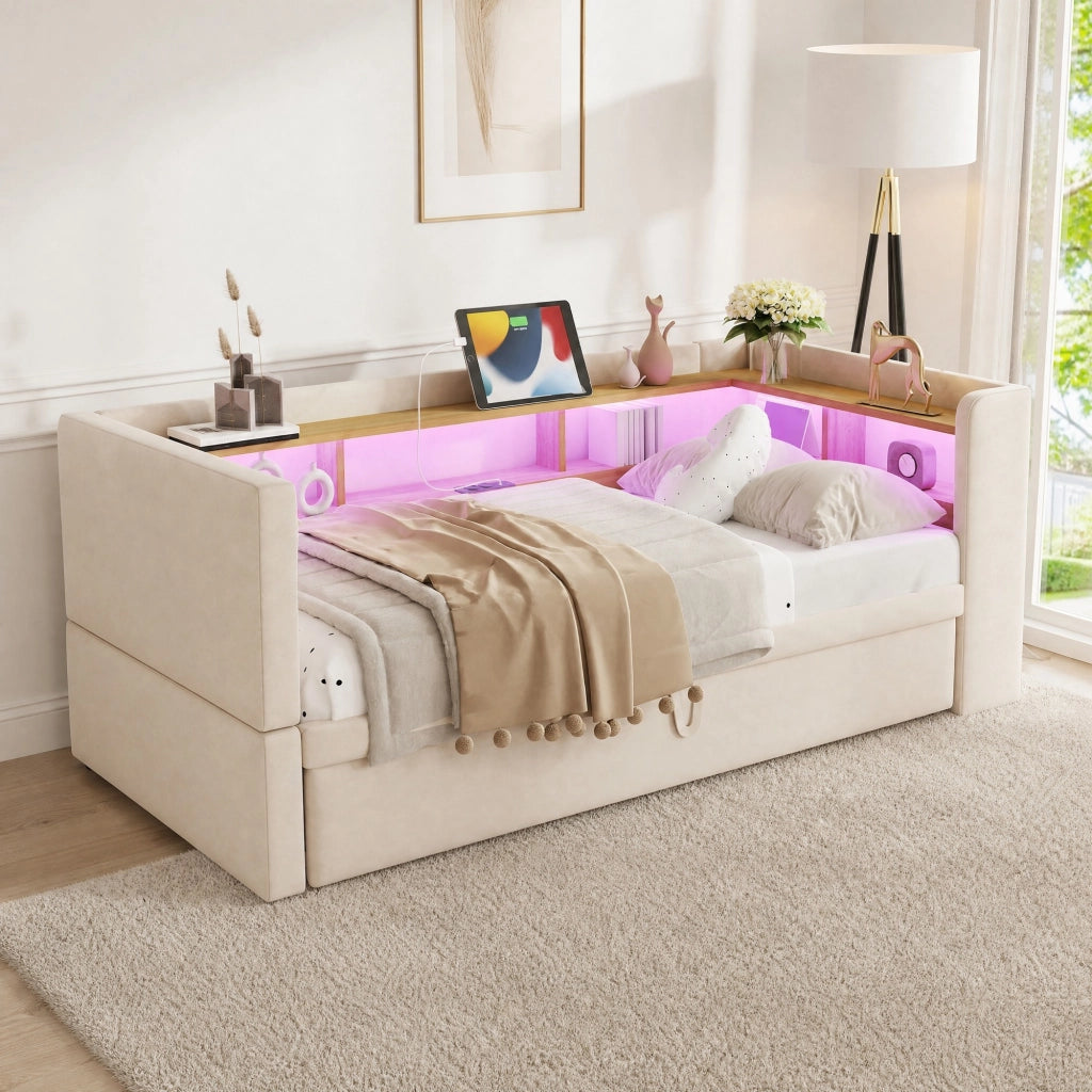 Divano letto imbottito multifunzione con vani contenitore, LED, prese e struttura in metallo, beige, 90/180 x 190 cm