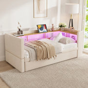 Divano letto imbottito multifunzione con vani contenitore, LED, prese e struttura in metallo, beige, 90/180 x 190 cm