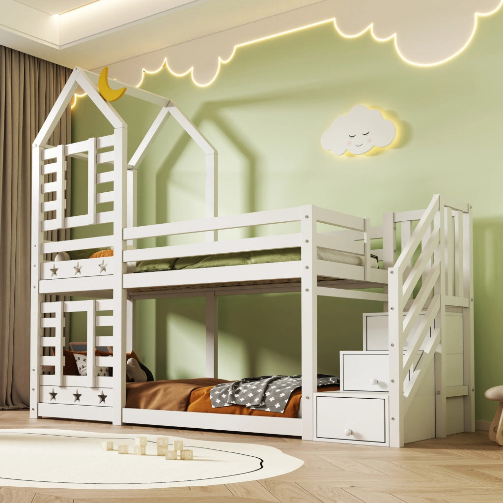 Letto a castello a casetta con cassetti e scala contenitore; 90x200 cm; bianco