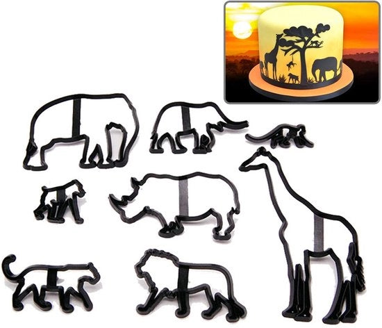 Set di stampi per biscotti con silhouette di animali, 8 pezzi, per fondant, decorazione di torte, modellismo, cottura, biscotti - stampi con disegni di leopardo, elefante, giraffa, leone - plastica