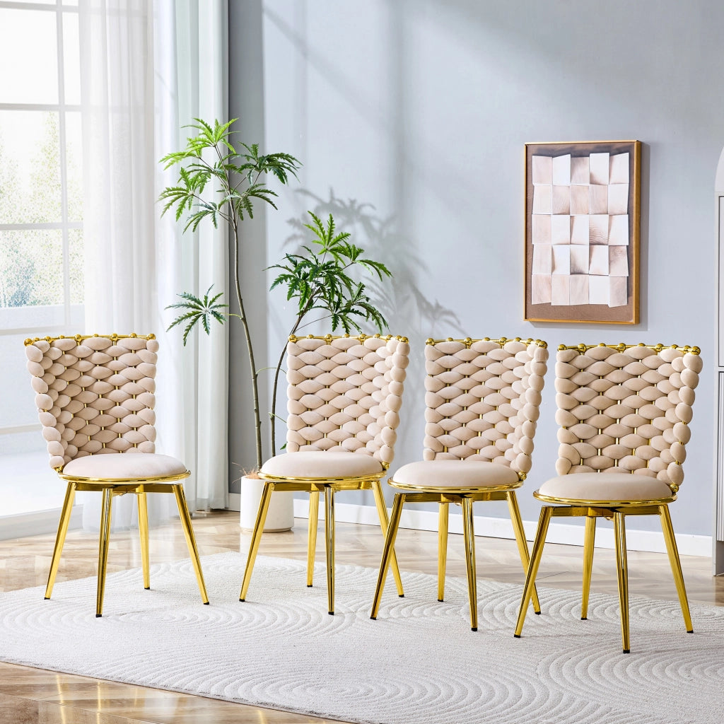 Set di 2 sedie da pranzo moderne in velluto con schienale intrecciato e gambe in metallo dorato